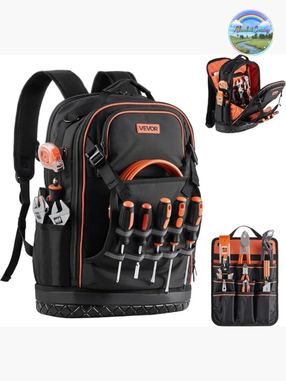 65-Pocket Heavy-Duty Tool Backpack with Laptop Compartment, Molded Base, Oxford